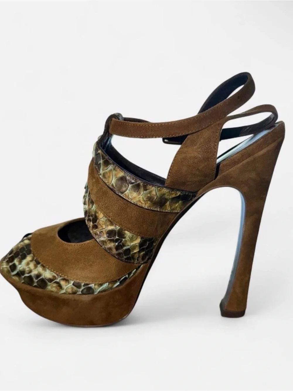 Yves Saint Laurent Brown Suede & Python-Print Slingback Heels